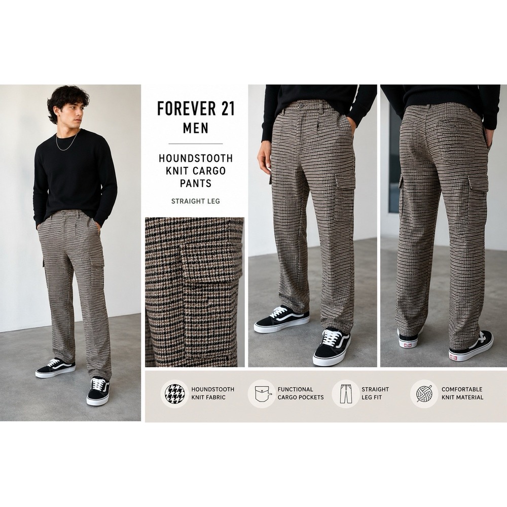Forever 21 Men 36 Tan Black Cream Houndstooth Cargo-Inspired Knit Pants Straight